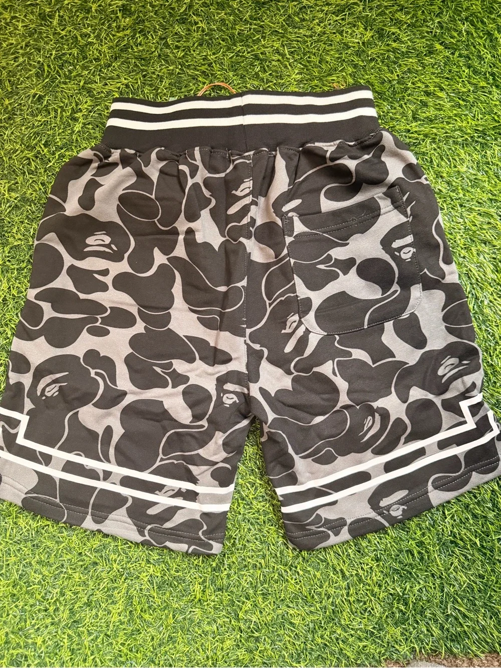 Bape Black & Gray Camo Shorts with Green Accent Strap